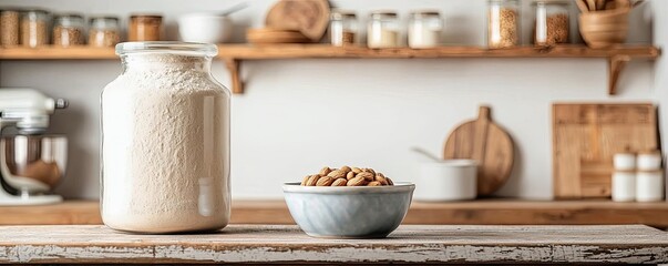 Jar of flour and bowl of nuts on kitchen table, rustic wooden shelves in background