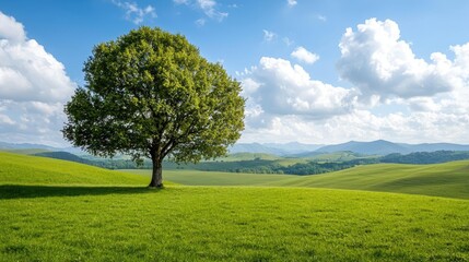 Lone tree on green hillside with blue sky and fluffy clouds in the background.