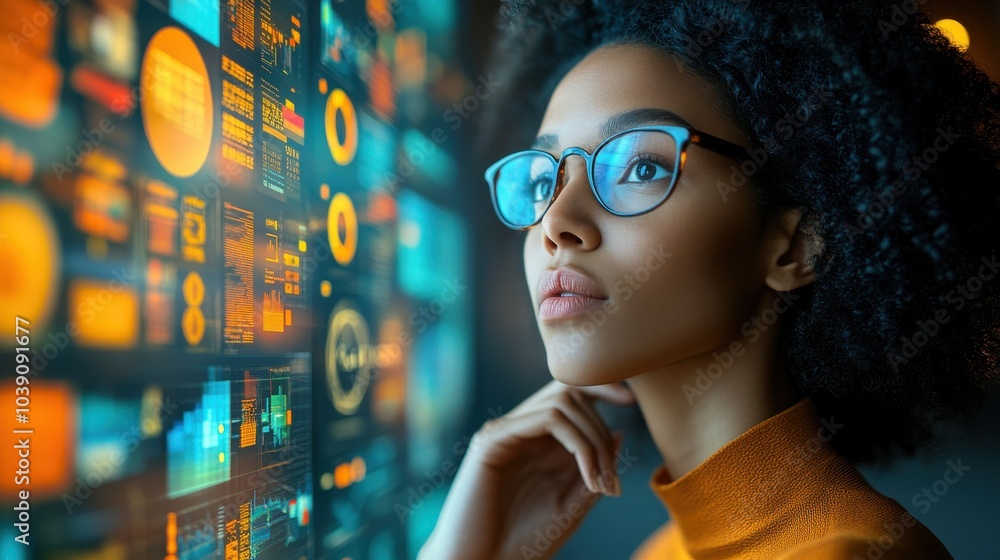 Poster woman analyzing digital interface with data visualizations