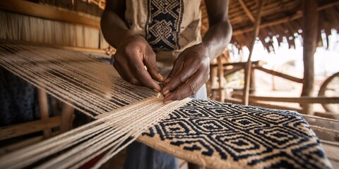 Kuba Cloth Creation in Congo. A close-up of the intricate process of crafting Kuba cloth in the Democratic Republic of Congo.