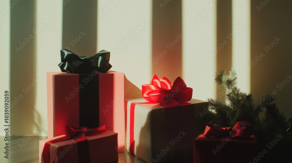 Poster Silhouetted gift boxes adorned with colorful bows sit on a surface, illuminated by gentle light, enhancing the mood of celebration. Generative AI