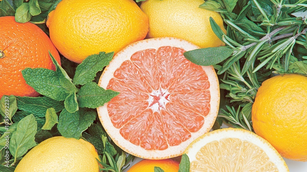 Poster   A close-up of a halved grapefruit amidst other grapefruits and surrounding foliage