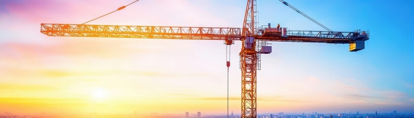Towering crane assembling a bridge at sunset, steel girders glinting in the light, panoramic wideangle view from a distance