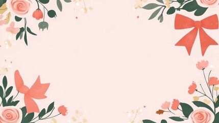 Obraz premium Lovely floral frame with pastel flowers and pink bows on a cream background - girlhood design concept