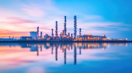 Naklejka premium Oil refinery plant reflecting on water, serene yet industrial setting