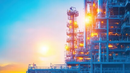 Oil refinery plant at sunset, glowing lights, massive industrial complex