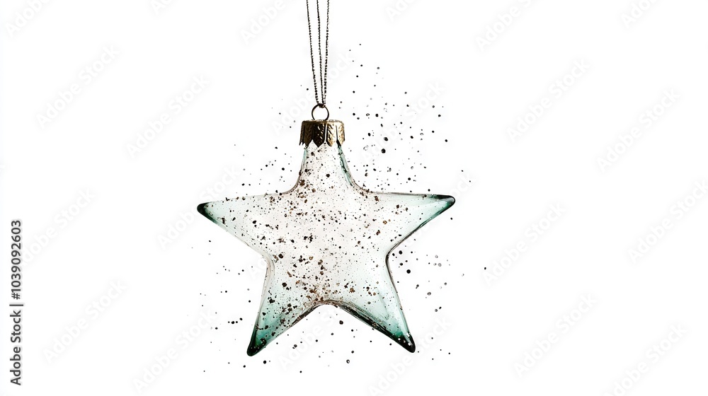 Poster   A glass ornament with a star-shaped hanging accessory and sprinkled decorations at its base