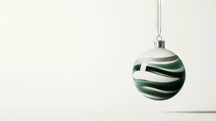 A green and white Christmas ornament dangles from a silver chain against a white wall on a white background