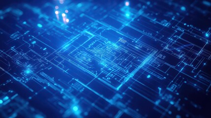 Intricate blueprint with holographic overlays, glowing elements, wide format, cyberpunk aesthetic, blue hues with soft gradients
