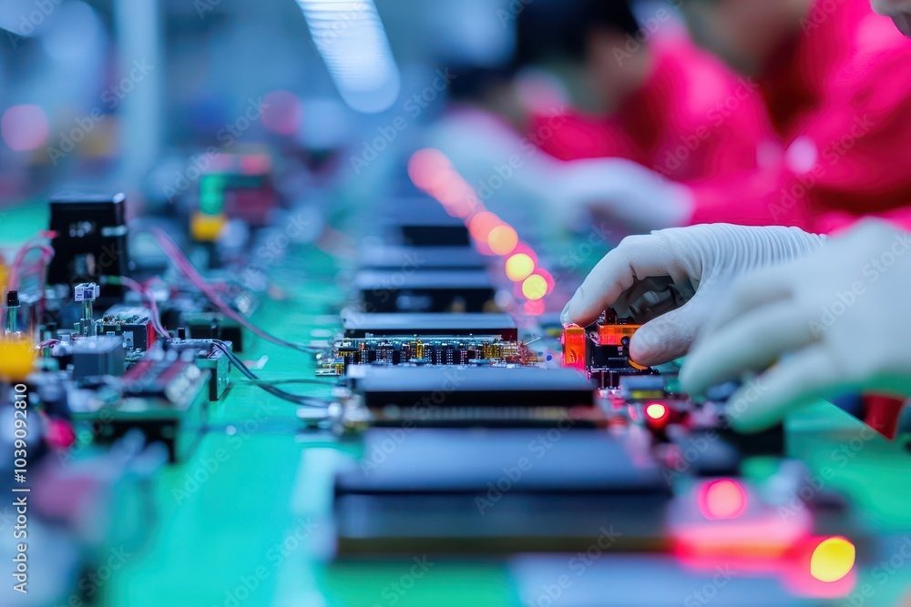 Aufkleber factory workers assembling electronic components, highangle, neat rows of parts, soft factory lighti