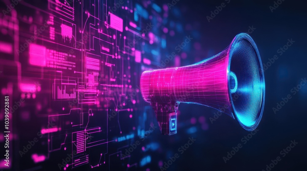 Poster Digital megaphone, floating marketing graphs, neon circuit pattern, futuristic data display, dark tech background
