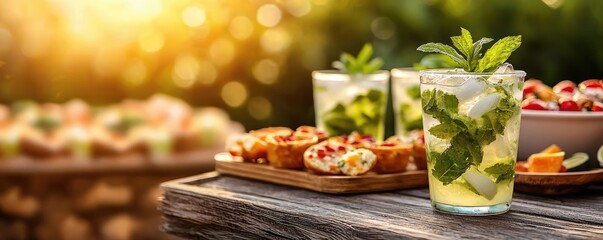 Refreshing cocktails and appetizers on a wooden table in a sunlit outdoor setting.