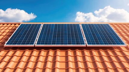 Solar panels installed on a roof under a clear blue sky.