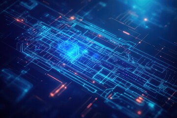 Fototapeta premium Detailed spaceship blueprint, wide landscape format, glowing holographic elements, blue digital ink, hightech textures