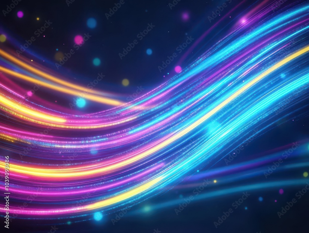 Poster Bright neon lines curving in random patterns, emitting colorful glows in a spectrum of blue, purple, and yellow, abstract light trails