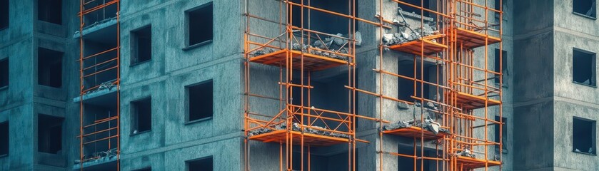 Collapsed scaffolding around halfbuilt apartment complex, 3D illustration