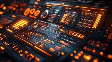 Obraz premium Futuristic control panel with glowing orange elements and displays.