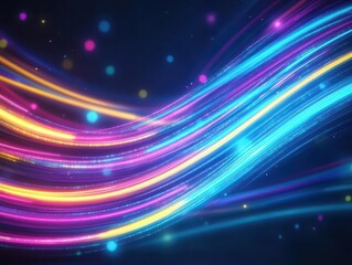 Obraz premium Bright neon lines curving in random patterns, emitting colorful glows in a spectrum of blue, purple, and yellow, abstract light trails