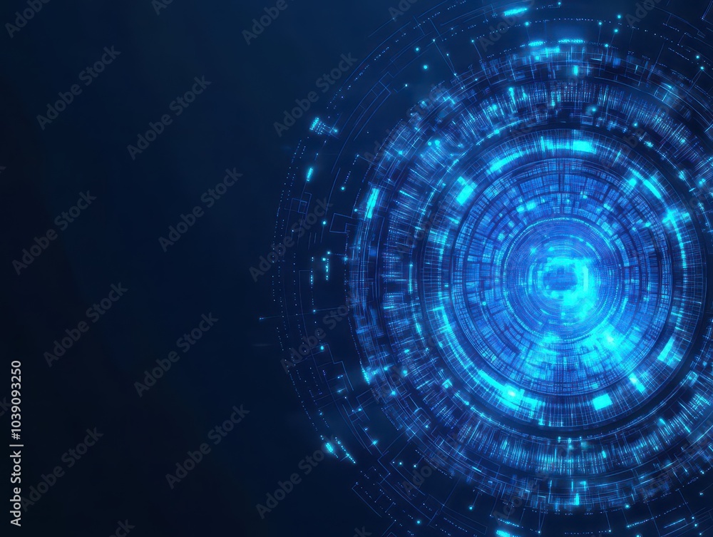 Poster abstract blue halftone, futuristic circular tech pattern, glowing digital style