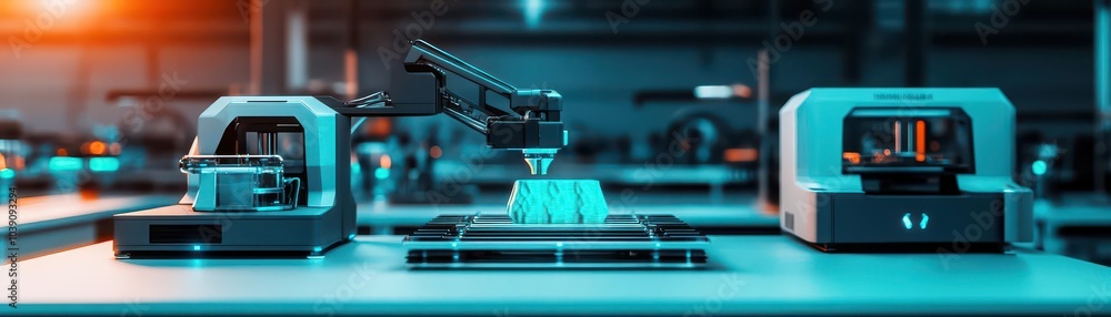 Poster a sleek digital manufacturing plant with advanced 3d printers fabricating custom products in realtim