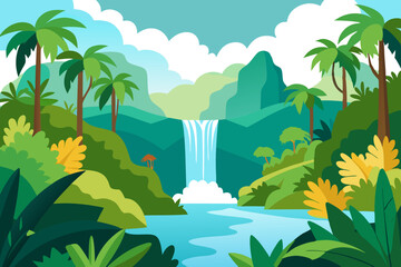 Tropical Jungle Waterfalls vecter illestration