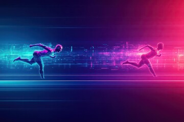 A race between runners on a neonlit track, one runner propelled by advanced jet engines, pop art style, vibrant colors