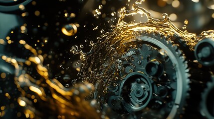Golden Oil Splashing on a Gear System