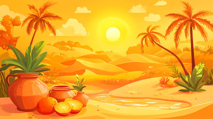 A desert oasis with pots of water and fruits, vector cartoon illustration, sunset lighting, warm colors, low-angle view, high resolution, no text or symbols in the background, high detail, 