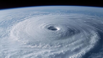 Satellite view of a powerful hurricane swirling over the ocean.