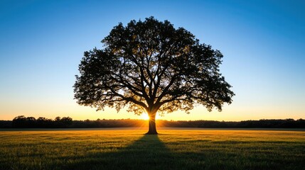Fototapeta premium Majestic tree silhouette at sunset, glowing horizon, tranquil landscape.