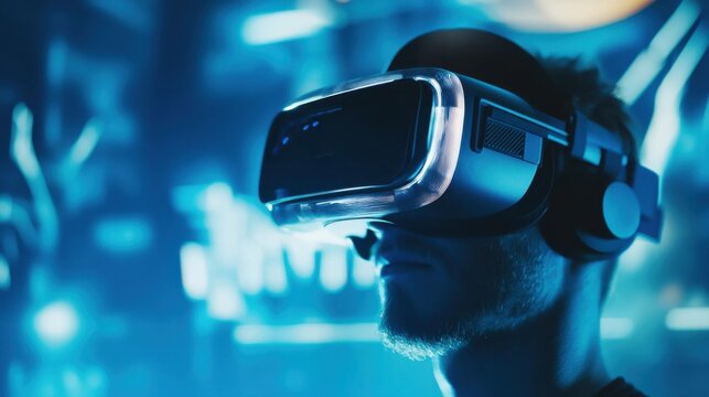 A virtual reality headset in use, Technological immersion scene, Futuristic style