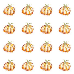 Seamless pattern with hand drawn pumpkin with watercolor stains. Autumn colorful background.