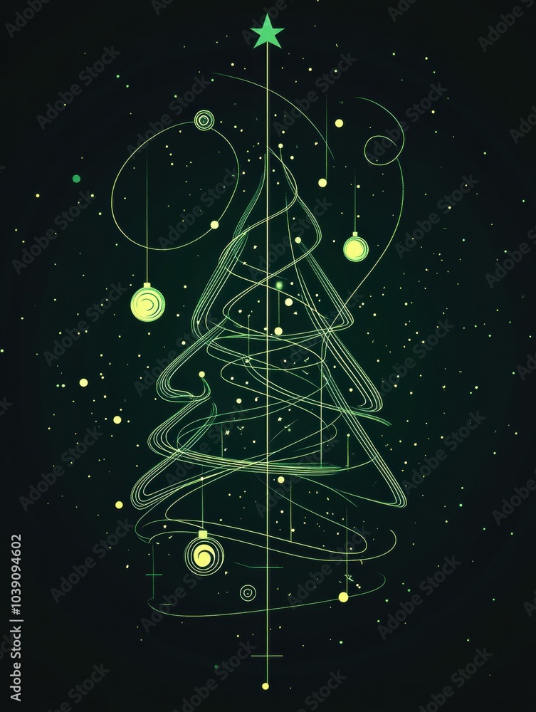 Poster minimalist silhouettes of christmas trees and ornaments shine with glowing lines against a dark back