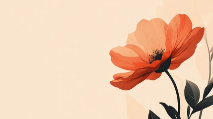 Obraz premium Vibrant coral flower with dark leaves on soft beige background, elegantly captured for girlhood design