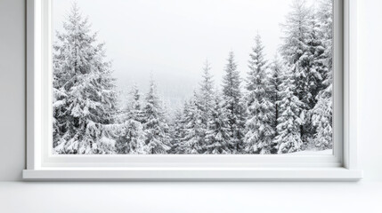 Fototapeta premium serene winter scene featuring snow covered fir trees visible through frosty window, creating peaceful and tranquil atmosphere