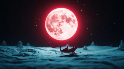 Naklejka premium magical snowy night scene features glowing sleigh flying across vibrant red moon, creating whimsical and enchanting atmosphere