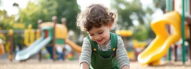 Curly-haired boy playing in dirt at a playground, joyful expression.