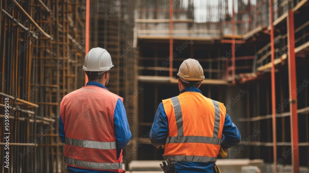 Poster A focused image of construction engineers inspecting concrete formwork and reinforcement for a bridge deck construction project, Bridge deck inspection scene, Infrastructure engineering style