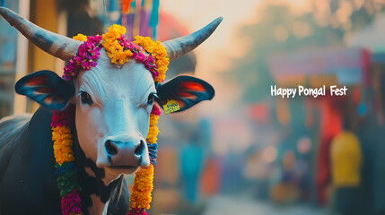 Obraz premium Photo of a decorated bull for the Pongal festival with the text 