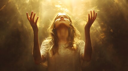Christian worship and praise. A young woman with her hands raised in worship and praise to god. 