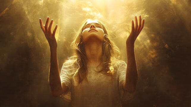 Christian worship and praise. A young woman with her hands raised in worship and praise to god. 