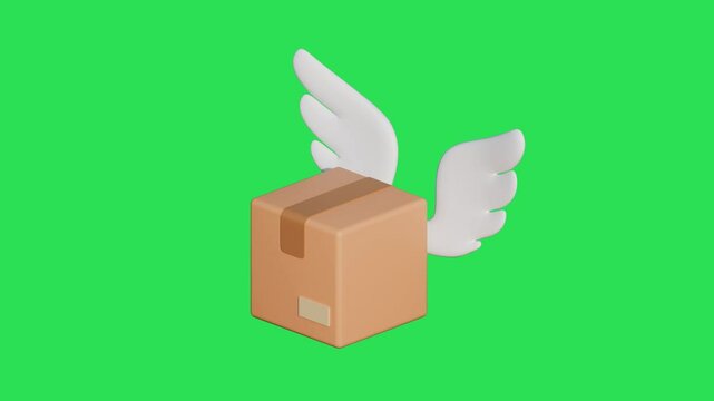 3d render motion design postal&nbsp;service carton cardboard box receive parcel delivery&nbsp;fly wings isolated transparent alpha channel background