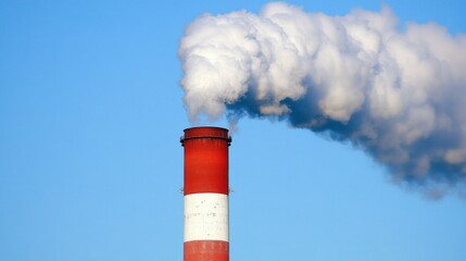 Factory Chimney with Smoke Plumes Against a Clear Blue Sky