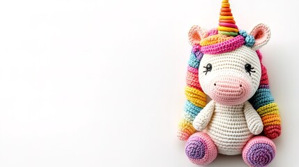 Rainbow Crochet Unicorn Toy on White Background