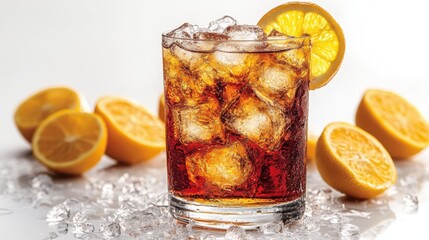 A refreshing glass of iced beverage with lemon slices and ice.