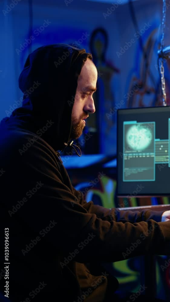 Poster vertical video hacker happy after successfully doing computer sabotage using encryption trojan ranso