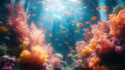 Obraz premium Vibrant underwater scene with colorful coral and swimming fish.