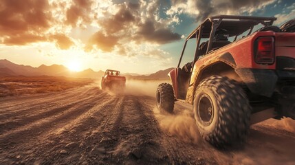 Two red off-road vehicles drive on a dirt road through the desert at sunset.