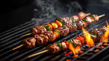 Grilled skewers of meat and vegetables on a barbecue, smoky and appetizing.