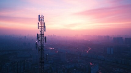 Sunrise Over Cityscape with Cell Tower